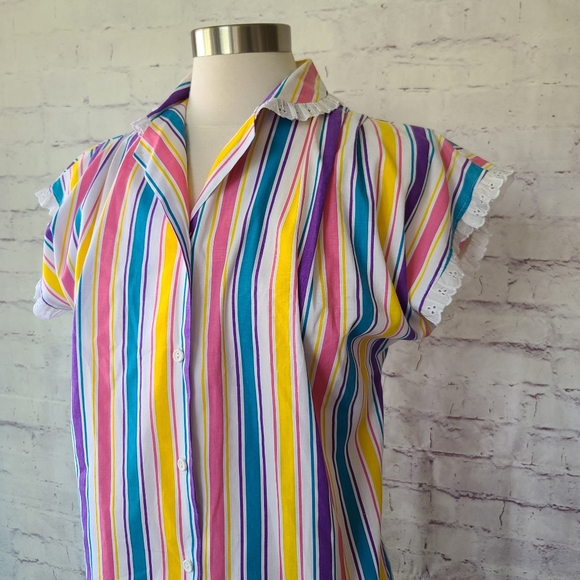 Vintage Tops - Vintage 80s J.F.I. Colorful Stripe Short Sleeve Button Front Top Lace Trim Small